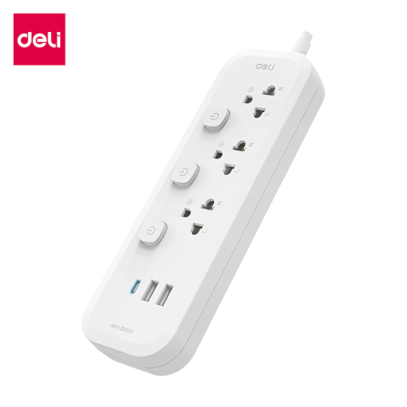 รางปลั๊กไฟ 3 ช่อง 2USB 1TypeC Deli CT475-WH-01 ความยาวสาย 3 เมตร